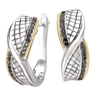 925 Silver, Black & White Diamond Twist Earrings with 18k Gold Accents (0.32ctw): Hoop Earrings: Jewelry