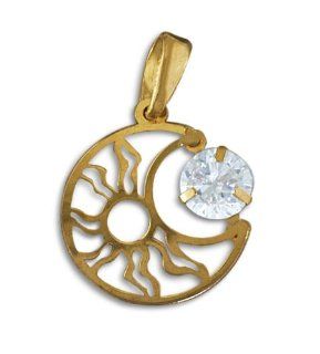 14K Yellow Gold White CZ Diamond Sun Moon Cut Out Charm Pendant: Jewelry
