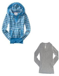 Aeropostale Blue/Grey Striped Pullover Sweater Hoodie and Coordinating Light Heather Grey Long Sleeve Solid V Neck T Shirt   Juniors' Size (Large) at  Womens Clothing store: Sweater Sets