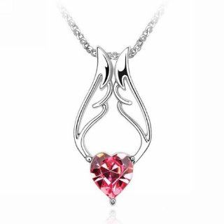 Elegant Hollow Angel Wings with a Rose red Austria Crystal Heart Pendant Necklace 16"+2" Extender Jewelry