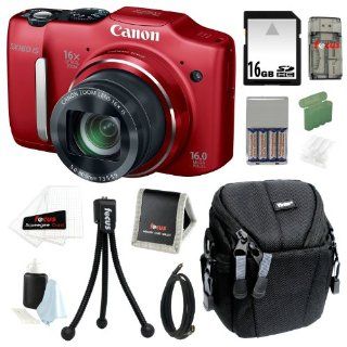 Canon PowerShot SX160 IS 16.0 MP Digital Camera with 16x Optical Zoom with 3.0 Inch LCD (Red) + 16GB SDHC Memory Card + 4 AA Batteries with Charger + Focus Multi Card Reader + Mini HDMI Cable + Compact Camera Case + Accessory Kit : Point And Shoot Digital 