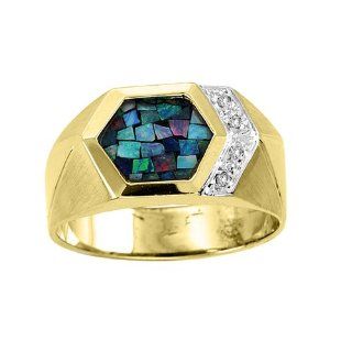 Mens Mosaic Opal & Diamond Ring 14K Yellow Gold: Jewelry