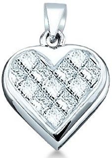 14k White Gold Invisible Channel Set Princess Cut Diamond Love Heart Shape Pendant (1/4 cttw): Jewelry
