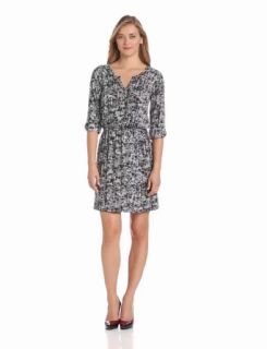 Lilla P Women's Rinted Jersey Tab Sleeve Henley Dress, Charcoal Print, X Small at  Womens Clothing store