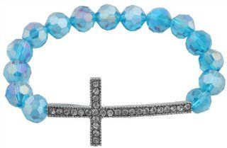 2 Pieces of Turquoise with Silver Iced Out Multifaceted Glass Beaded Cross Stretch Bracelet Jewelry