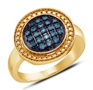 Yellow Gold Plated 925 Sterling Silver Halo Micro Pave Set Round Brilliant Cut Blue Diamond Engagement Ring OR Fashion Band   Round Shape Center Setting   (1/5 cttw.): Jewelry