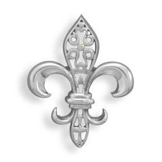 Fleur de Lis Open Design Antiqued Sterling Silver Pendant Slide Jewelry
