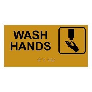 ADA Wash Hands With Symbol Braille Sign RSME 366 SYM BLKonGLD  Business And Store Signs 