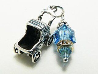 Sterling Silver Charm Pendant Baby Boy Message Carriage Aquamarine Crystal Cube "So in the course of time Hannah conceived and gave birth to a son. She named him Samuel, saying, 'Because I asked the LORD for him"  1 Samuel 120 (NIV) Jewelry