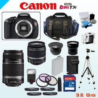 Canon 18MP EOS Rebel T3i Bundle   Includes Canon EF S 18 55mm IS II Lens   Canon EF S 55 250mm f/4 5.6 IS Lens   Wide Angle and Telephoto Zoom Lenses   32GB SDHC Memory Card   USB Memory Card Reader   Spare LP E6 Lithium Battery   3 Piece Lens Filter Set  