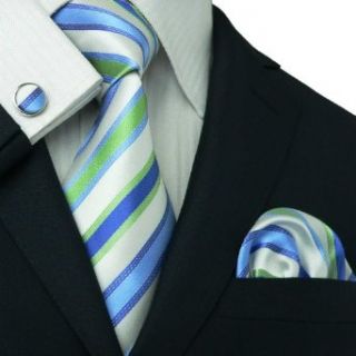 Landisun 99A Blue White Stripes Mens Silk Tie Set: Tie+Hanky+Cufflinks Exclusive at  Mens Clothing store: Neckties