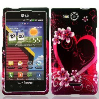 LG Lucid 4G 4 G VS840 VS 840 / Cayman Black with Hot Pink Love Hearts Flowers Design Snap On Hard Protective Cover Case Cell Phone Cell Phones & Accessories