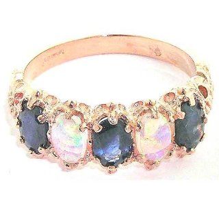 14K Rose Gold Ladies Blue Sapphire & Opal 5 Stone English Victorian Style Ring   Finger Sizes 5 to 12 Available: Jewelry
