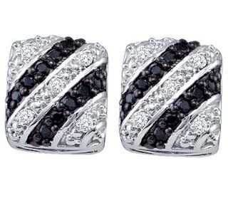 Black White Stripe Diamond Earrings Studs 10k White Gold (1/4 Carat): Jewelry