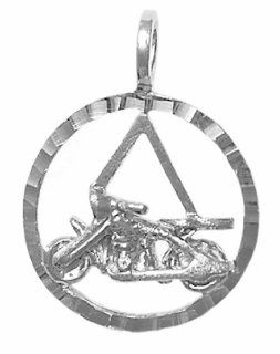 Alcoholics Anonymous Symbol Pendant #832 3, Ster., AA Symbol in Diamond Cut Circle w/ Harley Motorcycle: Jewelry