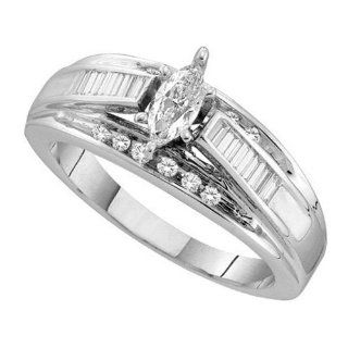 14K White Gold Marquise Diamond Center with Side Stones Channel Set Baguette and Round White Diamonds Wedding Engagement Solitaire Ring ( 0.20 ct Center   Total 0.60 cttw H   I Color SI3   I1 Clarity ) (Size 4 ~ 9): IceNGold: Jewelry