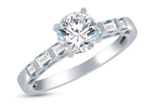 Solid 14k White Gold Highest Quality CZ Cubic Zirconia Bridal Engagement Ring w/Matching Wedding Band Two Ring Set   Round Brilliant Cut Solitaire with Princess & Baguette Side Stones (1.75cttw., 1.0ct. Center)   Available in all ring sizes 4   13: Son