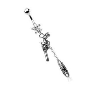 Body Accentz™ Belly Button Ring 316L Surgical Steel Prong Set Star Navel with Revolver Gun Pistol and a Skull Carved Bullet Dangle: Jewelry