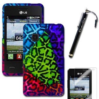 MINITURTLE(TM) LG 840G Tracfone   Sensational Leopard Blue Green Purple Pink and Red Design Protective Case Cover with Bonus Screen Protector Film and Large Stylus Capacitive Pen: Cell Phones & Accessories
