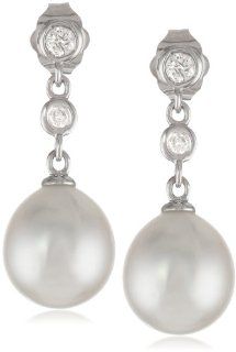 14k White Gold, South Sea Cultured Pearl (9 9.5 mm), and Diamond Drop Earrings (0.2 Cttw, G H Color, I1 I2 Clarity): Jewelry