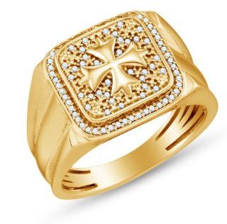 Yellow Gold Plated 925 Sterling Silver Prong Set Cross Round Brilliant Cut Diamond Mens Wedding Band OR Fashion Ring (1/5 cttw.): Jewelry