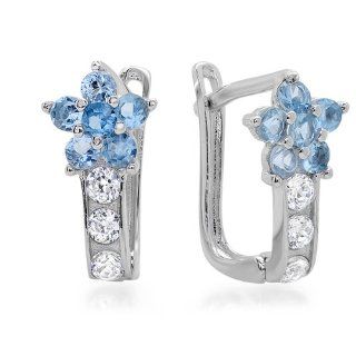 14K White Gold Blue Topaz CZ & White Round CZ Cubic Zirconia Ladies Huggie Hoop Earrings: Jewelry