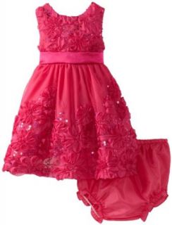 Rare Editions Baby Baby girls Infant Flower Soutach Border And Bodice Satin Dress, Fuchsia, 12 Months: Infant And Toddler Special Occasion Dresses: Clothing