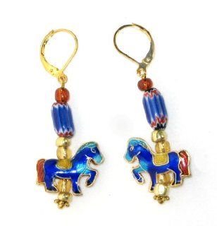 Carousel Royal Blue Cloisonne Horse w/ Venetian Melon Trade Bead Earrings on Gold Plated Leverbacks: Donna Bedrick: Jewelry
