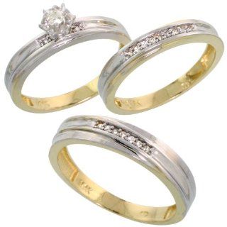 10k Yellow Gold Diamond Trio Wedding Ring Set His 5mm & Hers 3.5mm, Men's Size 8 to 14 Jewelry