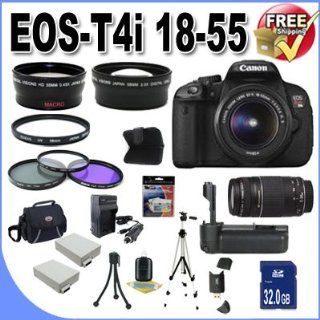 Canon EOS Rebel T4i 18.0 MP CMOS Digital SLR with 18 55mm EF S IS II Lens & Canon 75 300 Lens + 58mm 2x Telephoto lens + 58mm Wide Angle Lens (4 Lens Kit!!!!!!) W/32GB SDHC Memory+ Battery Grip + 2 Extra Batteries + Charger + 3 Piece Filter Kit + UV Fi