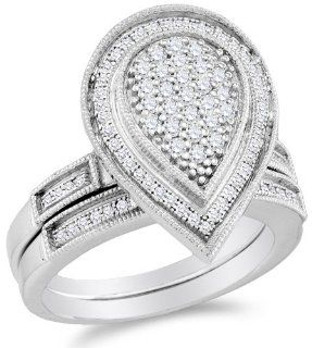 .925 Sterling Silver Plated in White Gold Rhodium Diamond Ladies Bridal Engagement Ring with Matching Wedding Band Two 2 Ring Set   Pear Shape Center Setting w/ Micro Pave Set Round Diamonds   (.53 cttw): Jewelry