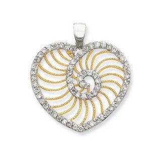 Sterling Silver CZ Heart Gold Plated Lines Pendant: Jewelry