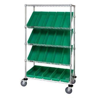 Quantum Storage Systems WRCSL5 63 2436 106GN 5 Tier Slanted Wire Shelving Suture Cart with 20 QSB106 Green Economy Shelf Bins, 2 Horizontal and 3 Slanted Shelves, Chrome Finish, 69" Height x 36" Width x 24" Depth: Industrial & Scientific