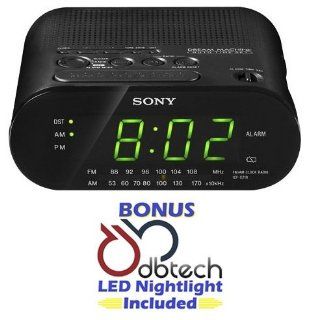Sony Compact AM/FM Alarm Clock Radio with Large LED Display, Extendable Snooze, & Built in Battery Back Up   Black *BONUS* DB Tech LED Nightlight Included: Electronics