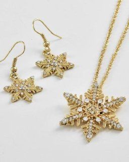Gold with Clear Crystal Snowflake Pendant Necklace and Earring Set Fashion Jewelry: Jewelry