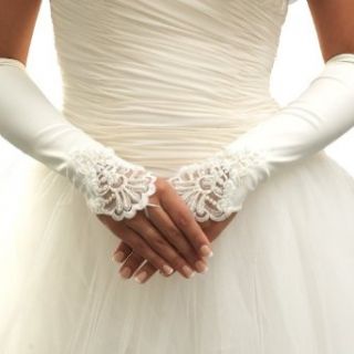 USABride Pearl Beaded Below Elbow Ivory Satin Fingerless Bridal Gloves 908S IV: Clothing