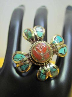 Tibetan Turqouise & Red Coral Vintage Brass Flower Tribal Ring (Four Petal): Jewelry