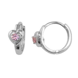 SH911 10 Sterling Silver 12mm Small Heart Pink Zirconia Accent Huggie Hoop Earrings: Jewelry