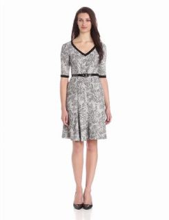 London Times Women's Belted Fit and Flare Dress, Ivory/Black, 4 at  Womens Clothing store: