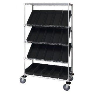 Quantum Storage Systems WRCSL5 63 2436 106BK 5 Tier Slanted Wire Shelving Suture Cart with 20 QSB106 Black Economy Shelf Bins, 2 Horizontal and 3 Slanted Shelves, Chrome Finish, 69" Height x 36" Width x 24" Depth: Industrial & Scientific