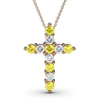 Yellow Sapphire & Natural White Round Diamond 1.21 ct tw Cross Pendant in 14K Rose Gold. Included 18 inches 14K Rose Gold Chain.: Jewelry