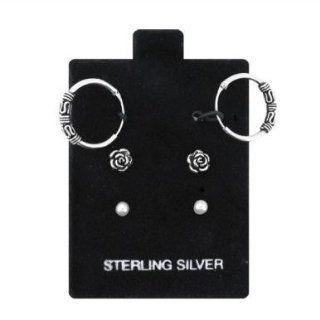925 Sterling Silver   Bali Hoop Rose Earrings 3prs/Pack: Jewelry