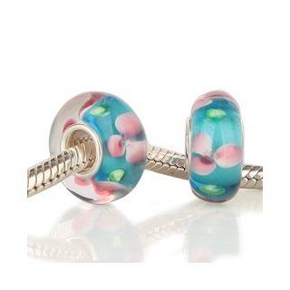 Pale Pink, Green, Sky Blue Lovely Lily Pad & Flowers on the Pond Murano Glass Bead 925 Sterling Single Core