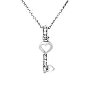 Double Heart Key Pendant Sterling Silver Rhodium Plated Diamond Necklace 925   19mm: Chain Necklaces: Jewelry