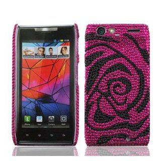 Motorola Droid RAZR XT912 XT 912 Cell Phone Full Crystals Diamonds Bling Protective Case Cover Hot Pink and Black Rose Flower Design Cell Phones & Accessories