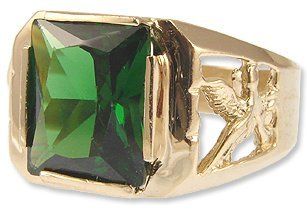 14k Yellow Gold, Masculine Classic Ring For Men Green Colored Center Lab Created Gems Eagle Design Sides: Jewelry