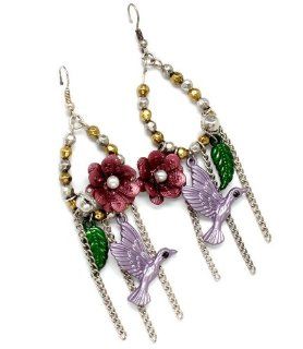 Flower Garden and Enchanting Hummingbird Charm Dangling Earrings   Purple: Dolls Of Omaha: Jewelry
