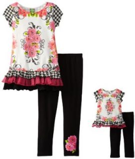 Dollie & Me Girls Short Sleeve Printed Top Over Legging And Matching Doll Garment, Black/Ivory/Pink, 4 Clothing