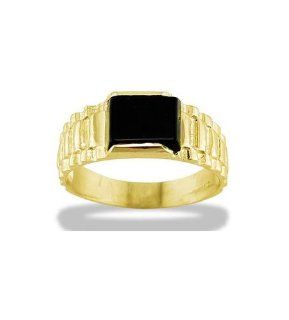Mens Solid 14k Yellow Gold Black Onyx Ribbed Band Ring: Jewelry
