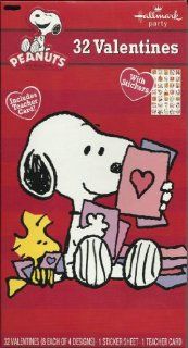 Snoopy Peanuts Valentine Cards (32) Pack Woodstock Plus 1 Sticker Sheet and 1 Teacher Card: Toys & Games